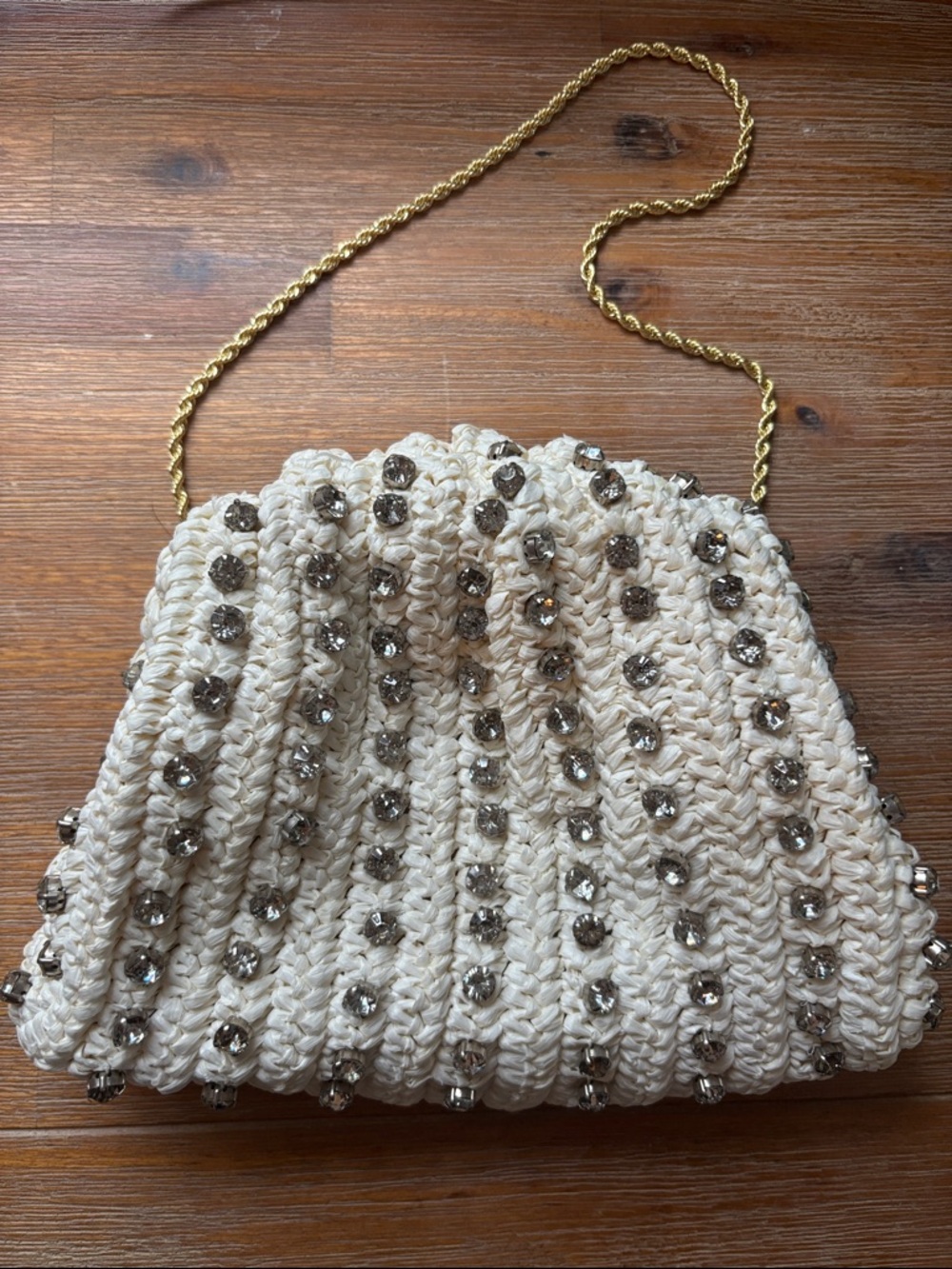 Loeffler Randall Cream Beaded Crochet Shoulder Clutch with Gold Chain